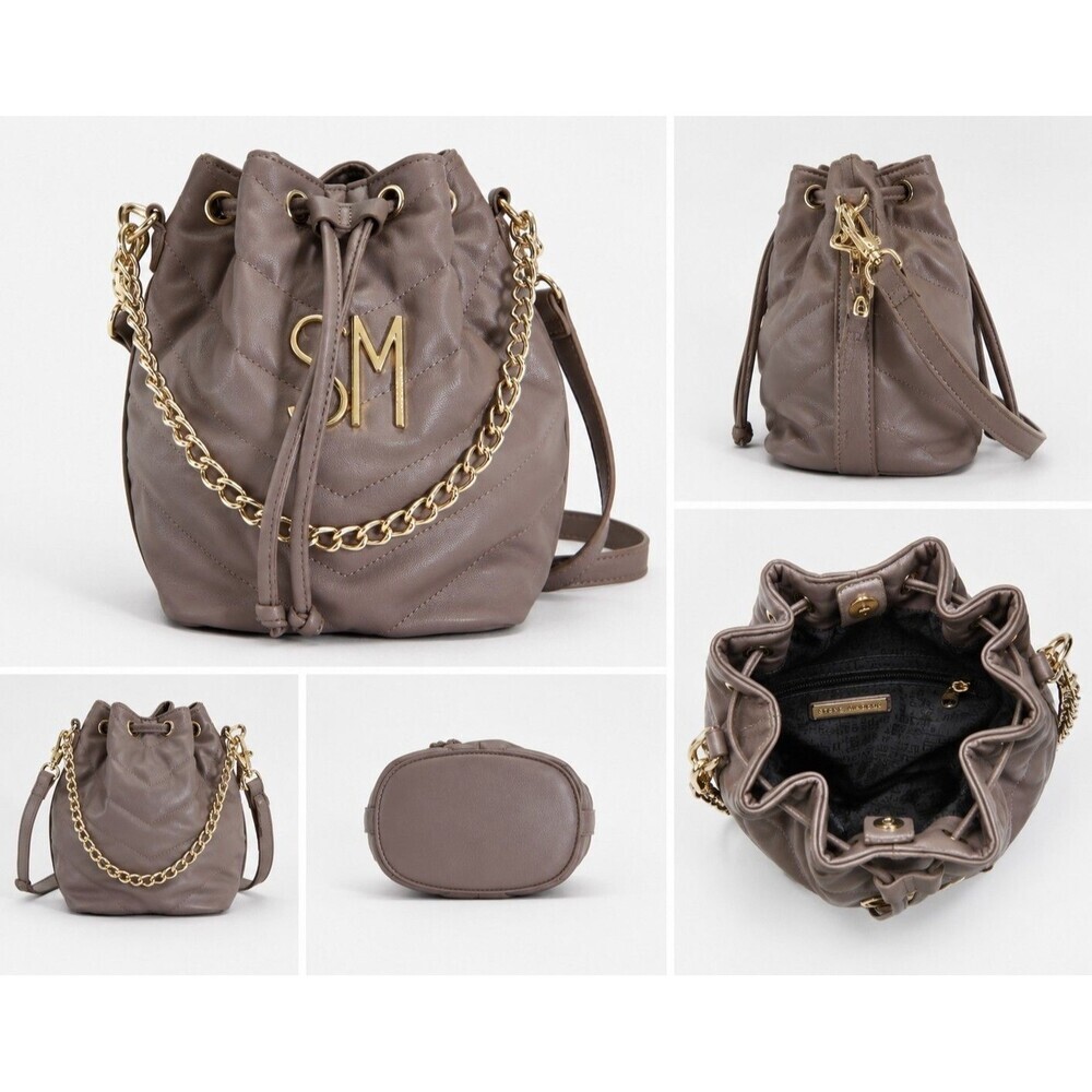 Steve Madden SM Quilted Drawstring Bucket Bag Taupe Crossbody Gold Chain